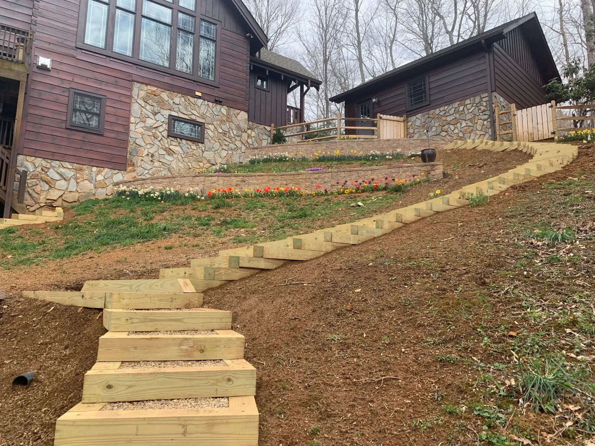 Garden hill wooden steps construction