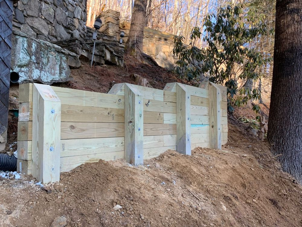Wood retaining wall construction outdoors