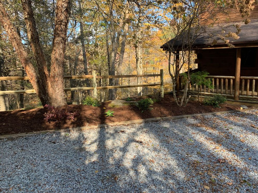 Rustic cabin with gravel path