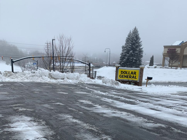 Snowy road near Dollar General
