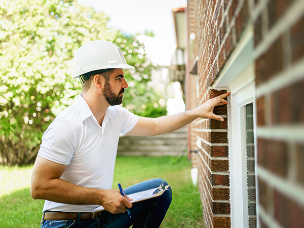 Home inspector examining window exterior