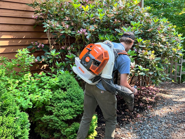 Gardener using leaf blower device